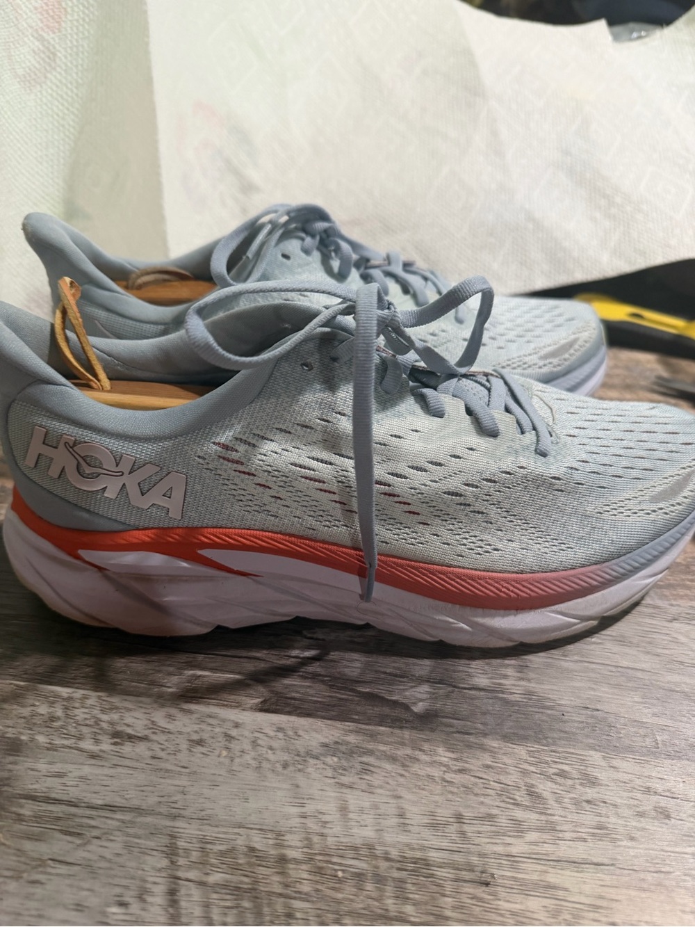 Hoka Women's size 11.5 Pale Blue Running Sneakers with Coral Accent